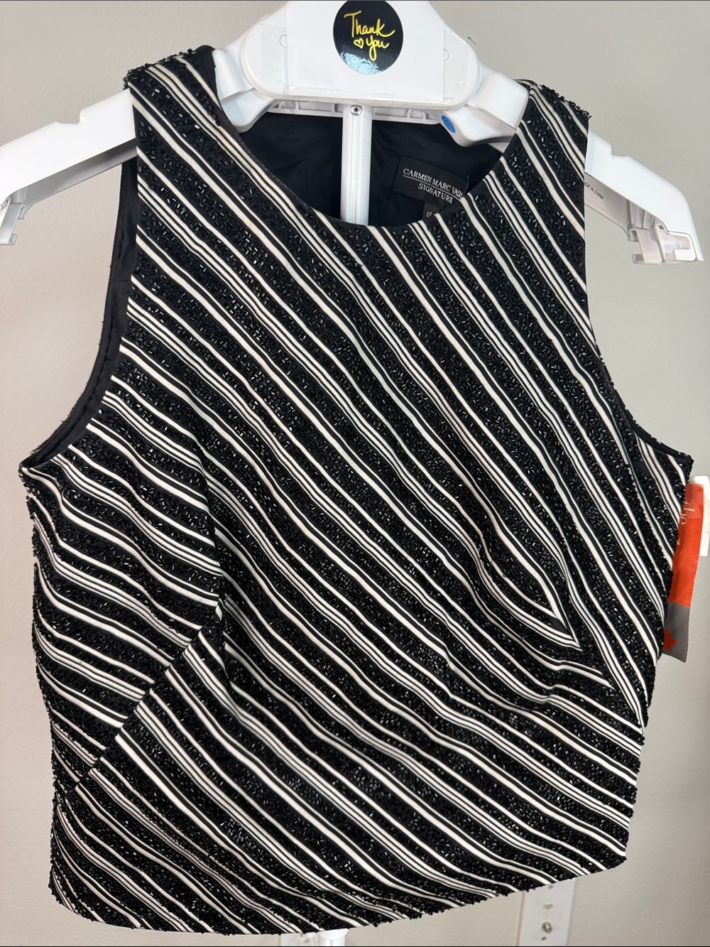 VINTAGE! NWT! Carmen Marc Valvo black and white striped beaded top!